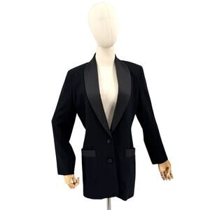 Vintage 80s David Eliot Black 100% Wool Oversized Satin Lapel Tuxedo Blazer
